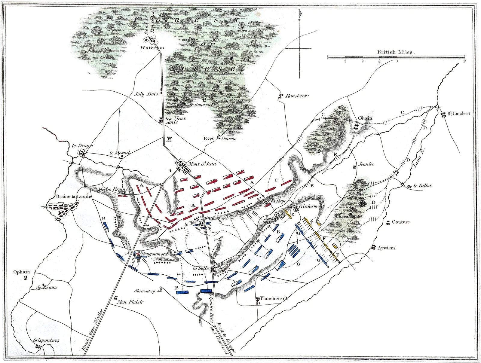 Plano antiguo del campo de batalla de Waterloo con la loma de Mont-Saint-Jean, las granjas de Hougoumont, La Haye Sainte y Papelotte, y la calzada de Bruselas
