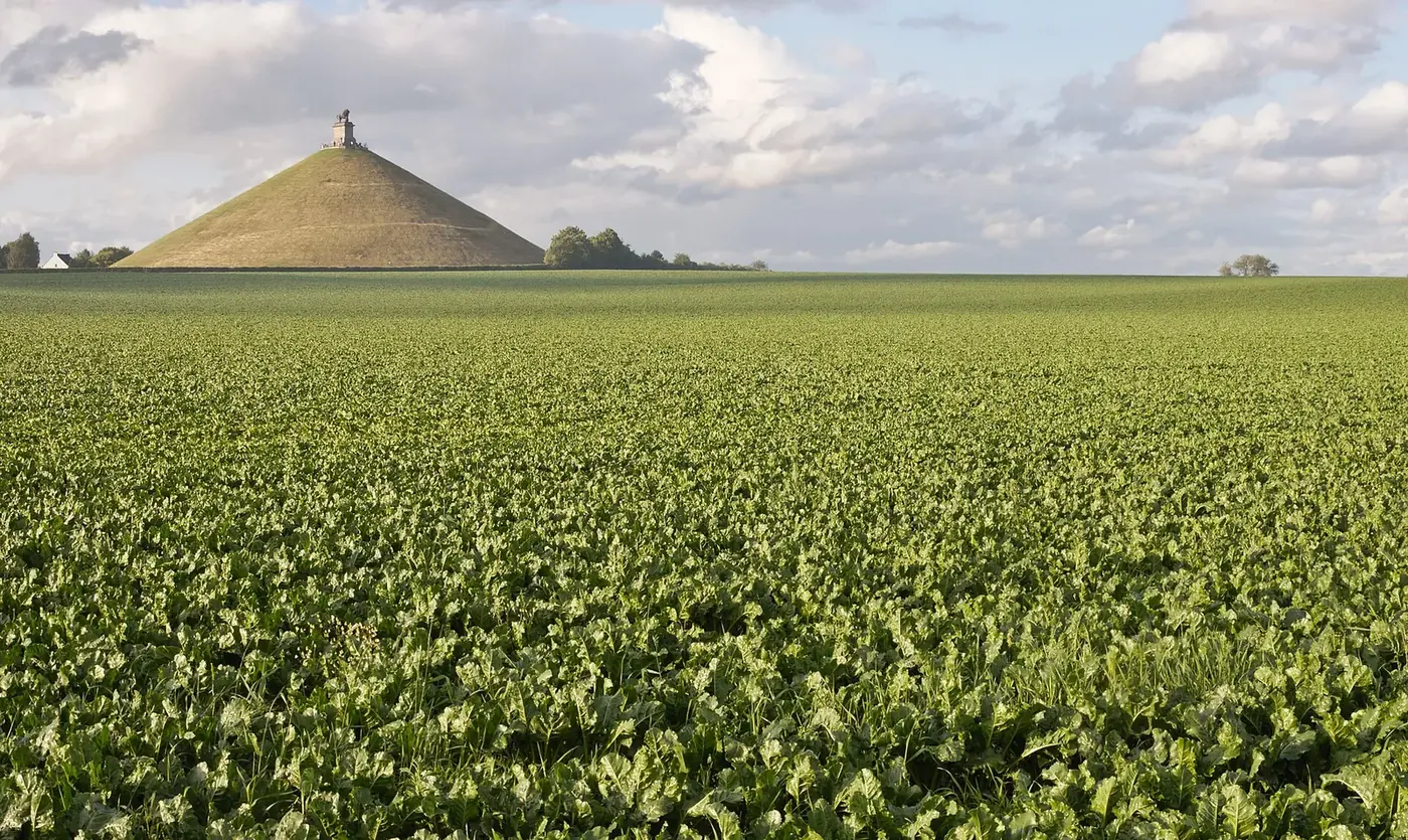 El Montículo del León, colina artificial en forma de cono coronada por la estatua de un león, dominando los campos del lugar de la batalla de Waterloo