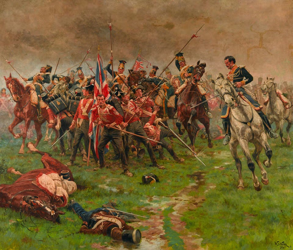 William Barnes Wollen, Battaglia di Albuera (1912) — quadrati britannici e carica dei lancieri polacchi, bandiera Union Jack; 16 maggio 1811, guerra peninsulare, National Army Museum